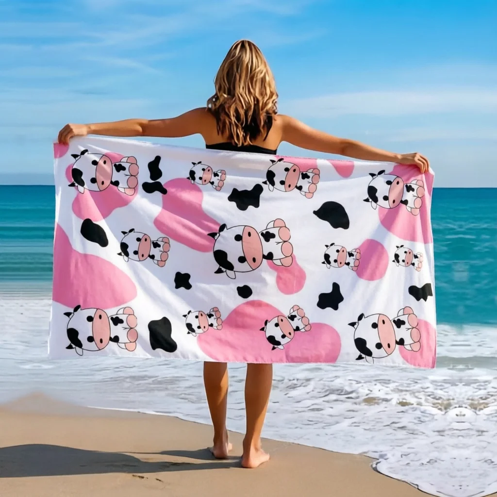 1 PC Pink Cow Cartoon Beach Towel, Lightweight Sand-Resistant, Ideal for Beach Pool Travel, Perfect for Kids & Women