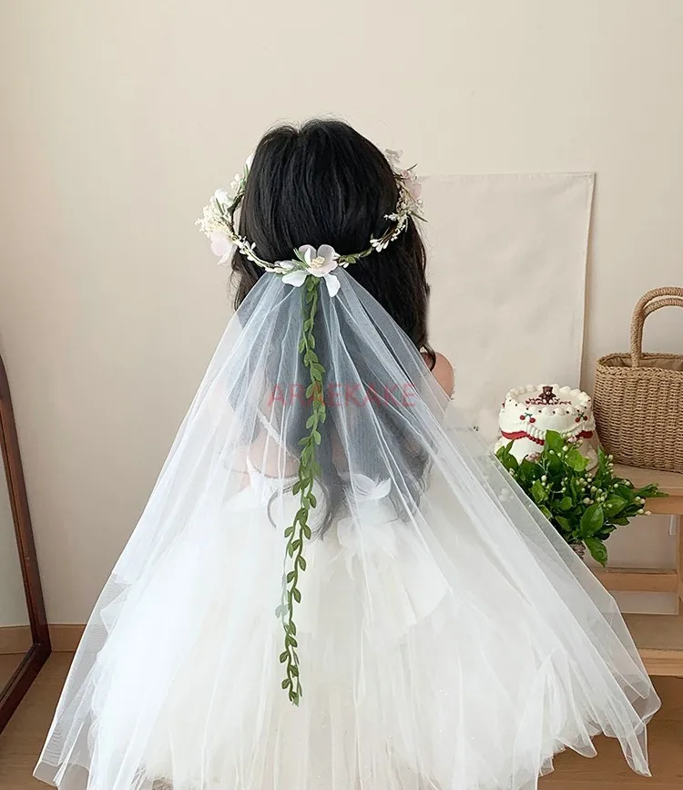 1pcs Flower wreath headband, children's white mesh, bow headband, flower girl braided hair headband image 4