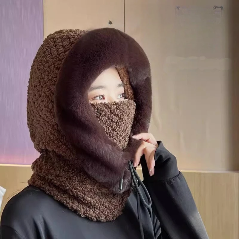 Hat Scarf Mask Integrated Women's Winter Cold-proof and Windproof Hat Cycling Warm Plush Ear Protectors Head Cap Pullover Hat