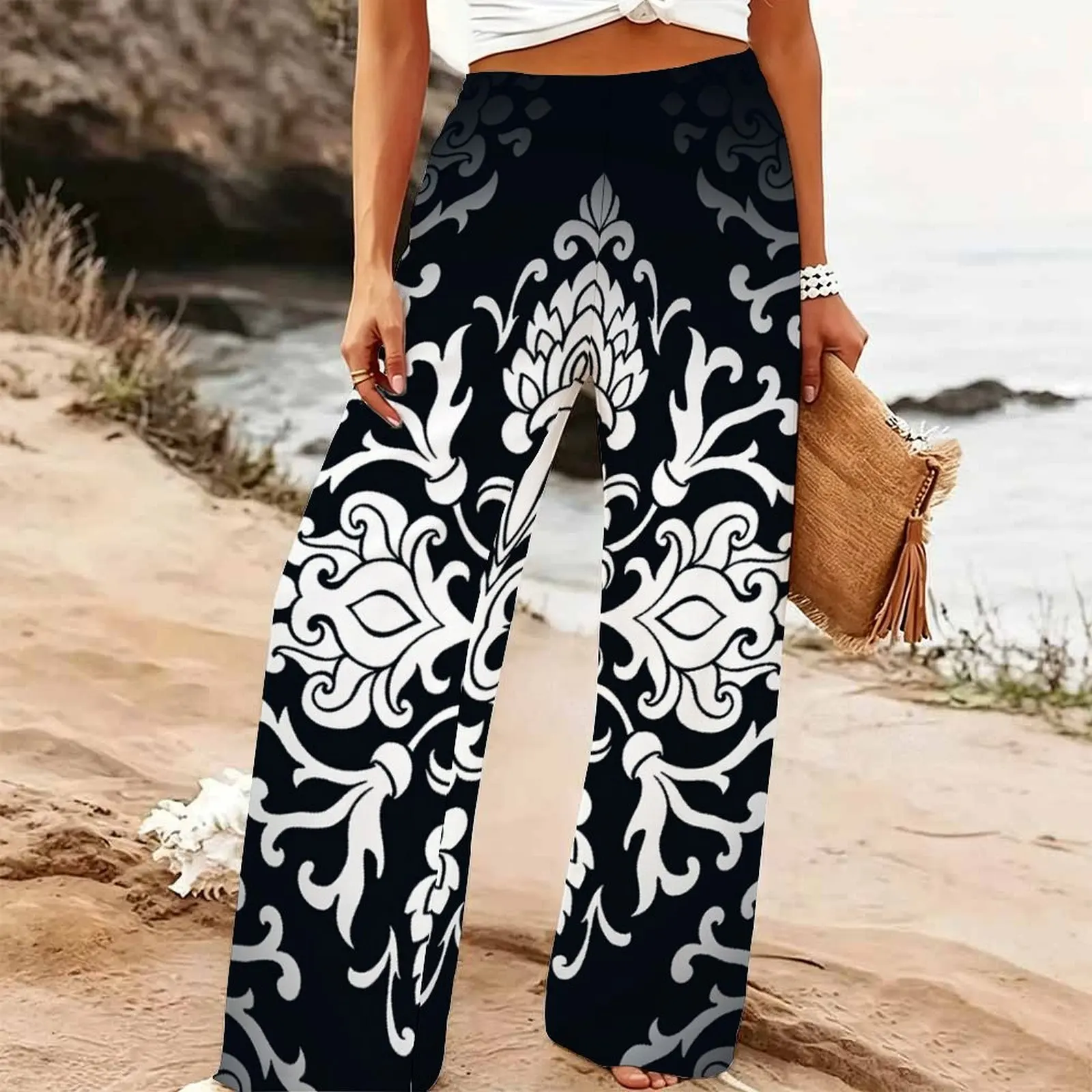 Women's Summer Beach Wide Leg Trousers Floral Print Elastic High Waist Loose Fit Casual Vacation Palazzo Pants