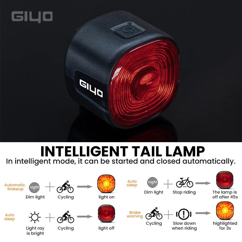 Giyo Smart Rear Light Bicycle High Visibility Bike Lamp USB Rechargeable Mtb Road Bike Light IP66 Waterproof Bicycle Accessories