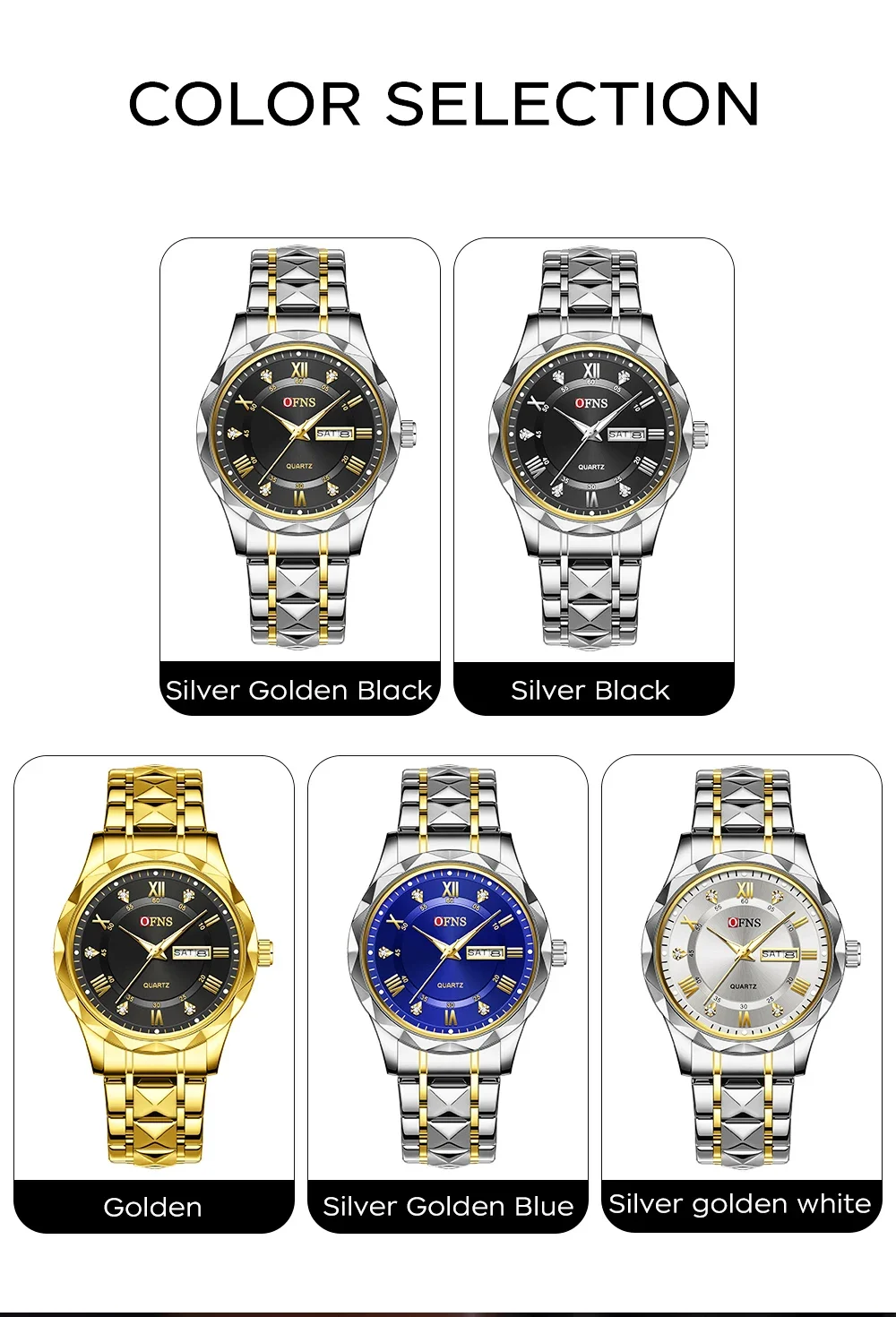 OFNS 7108 패션 비즈니스 남성용 다이아몬드 상감 더블 캘린더 방수 축광 쿼츠 시계 럭셔리 남성용 쿼츠 시계