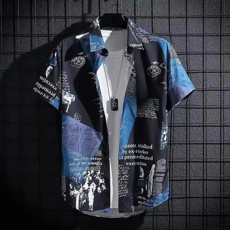 Hawaiian Men's Retro Newspaper 3D Print Shirt, Summer Patchwork Street Style Aloha Vacation Short-Sleeve Cardigan