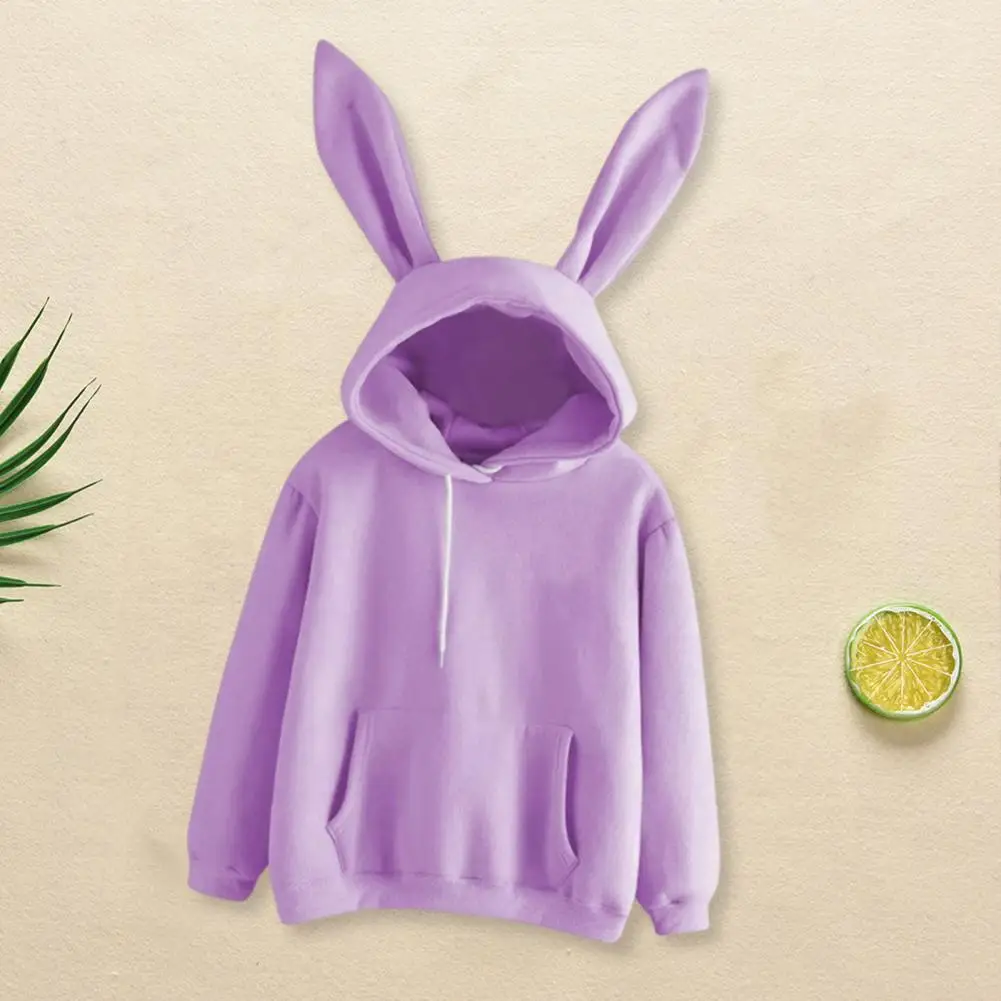 Women Solid Color Hoodie Cozy Bunny Ear Hoodie for Women Soft Warm Hooded Top with Drawstring Elastic Cuff Fall Winter Solid