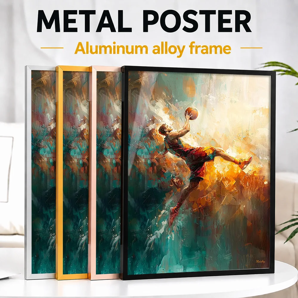 Basketball Player In Flight Abstract Framed Aluminum Metal Poster Personalized Photo Modern Visual Style Wall Art For Home Gym