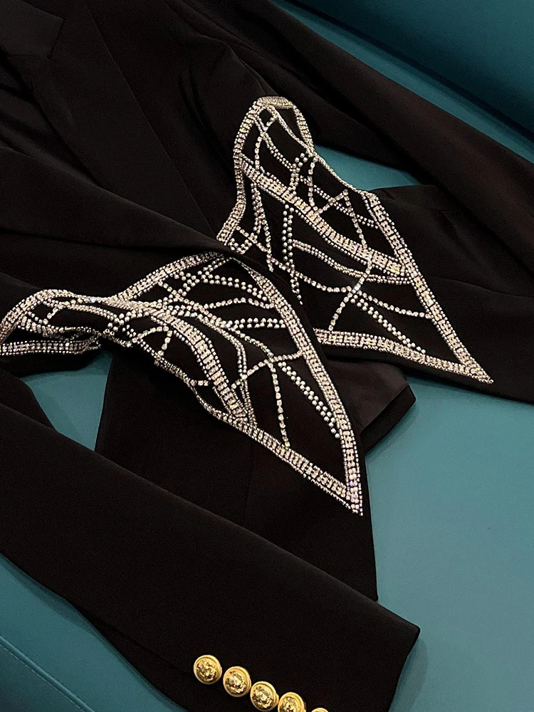 

Faionable Heavy Embellied Diamond Утягивающий женский костюм Jaet Commute Sle Long Sve с двойной пуговицей Pure Color D85