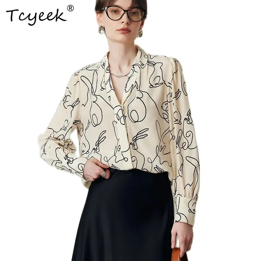 

Tcyeek, 6A 100%Real Silk Elegant Shirt, Women Long Sleeve V Neck Printed, Commute OL Fashion Blouse, Summer Autumn T47528QM