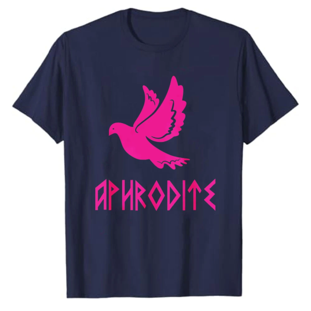 Aphrodite Dove Symbol Camp Half‑Blood T‑Shirt Cotton Percy Jackson Greek Goddess of Love Pink Bird Ancient Rune‑Style Font Tops