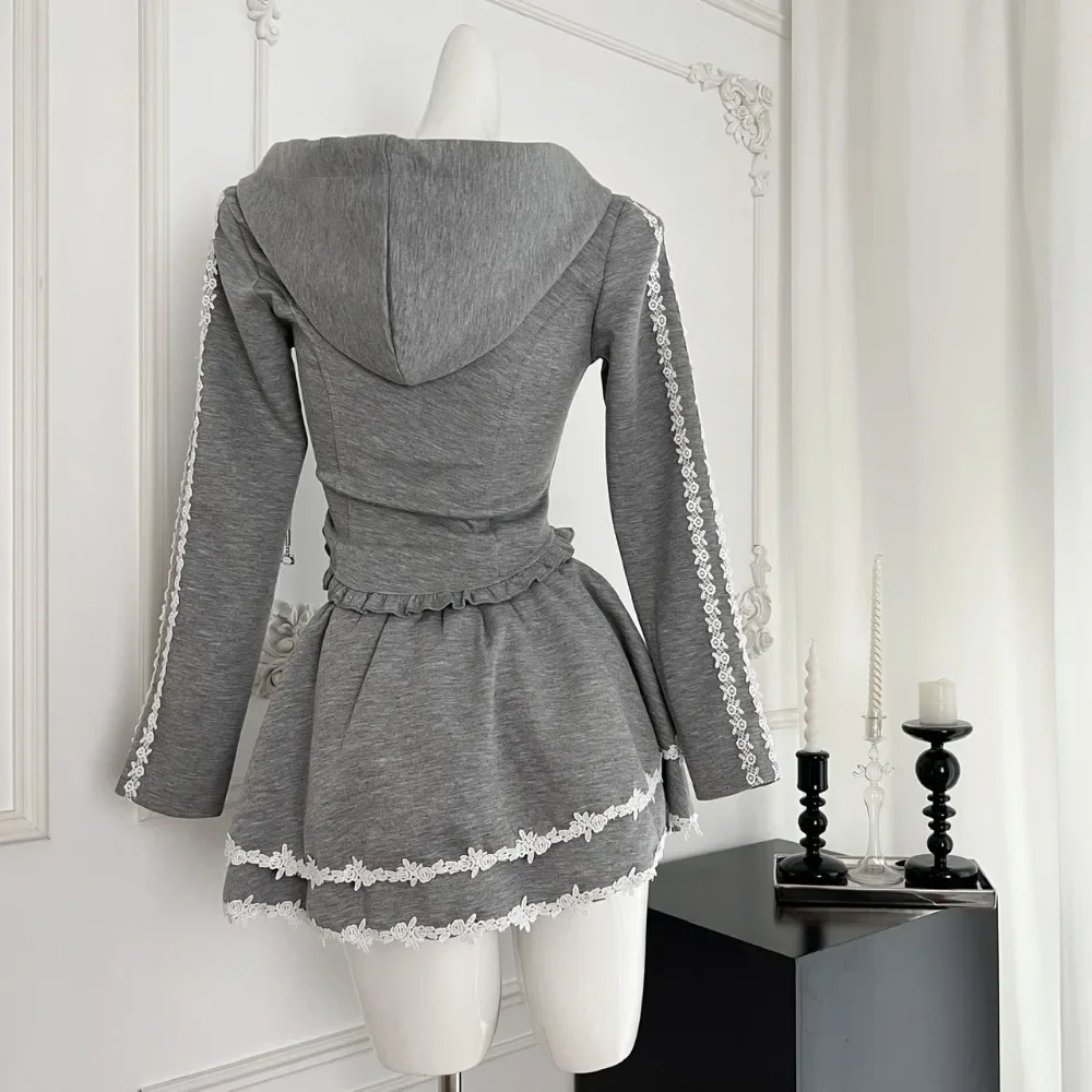 Japanese Y2k Elegant New 2 Piece Sets Women Gray Hooded Design Harajuku Mini Skirt Suit Female Bow Korea Style Chic Set Autumn