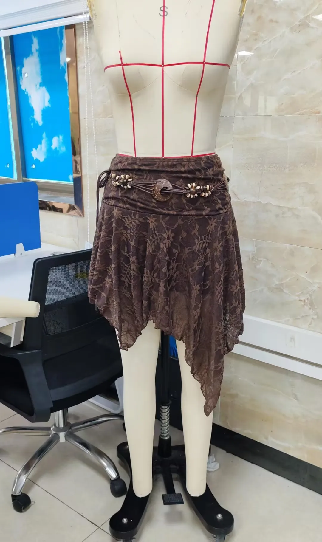 2026 Summer Women's Asymmetrical Hem SkirtsBoho Lace Low Rise Floral Midi Skirt with Belt for Casual Bohemian and Daily Wear New