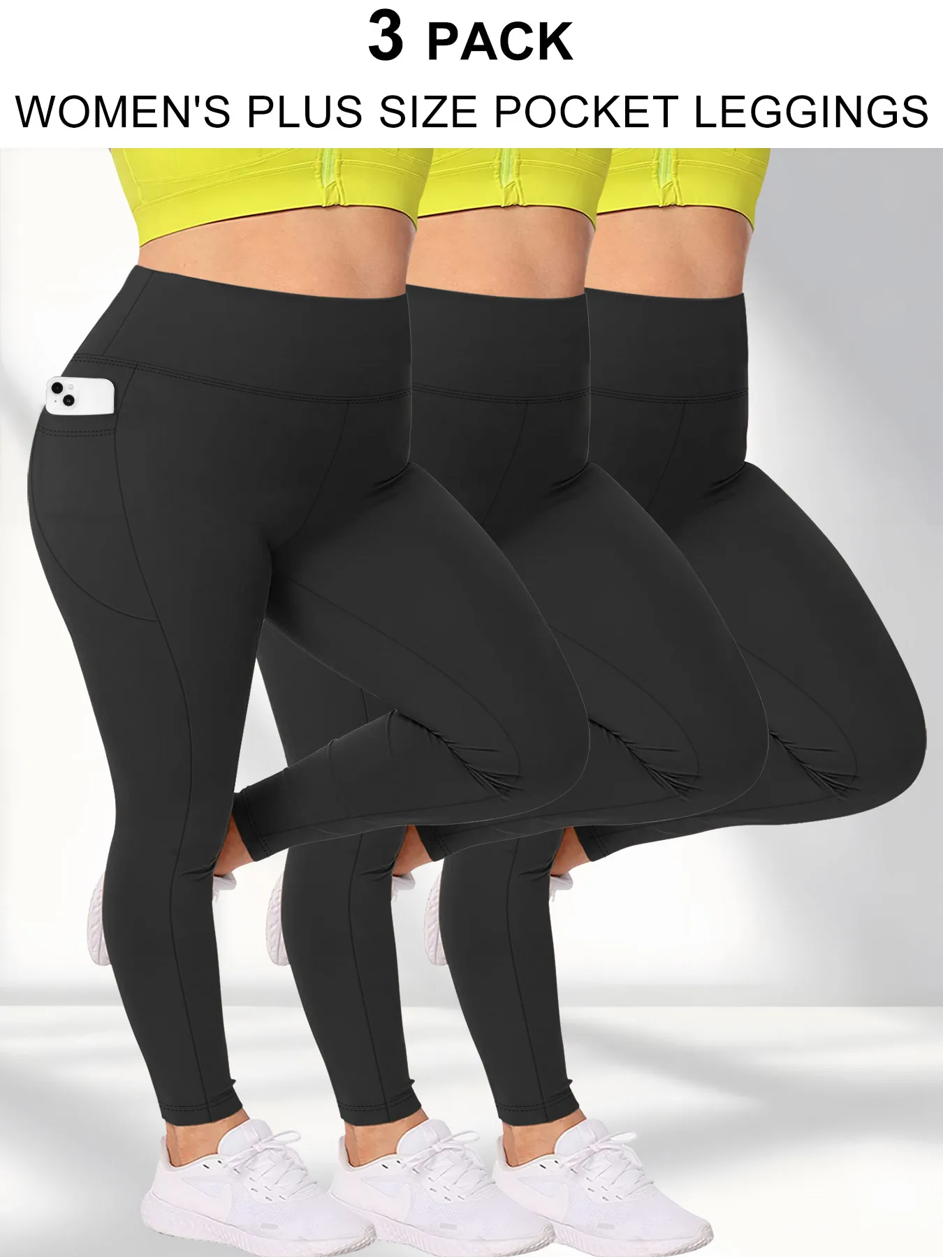 

3 Pack Plus Size High-Waisted Leggings with Pockets for Women Soft Active Tummy Control Pants for Yoga Running & Daily Wear