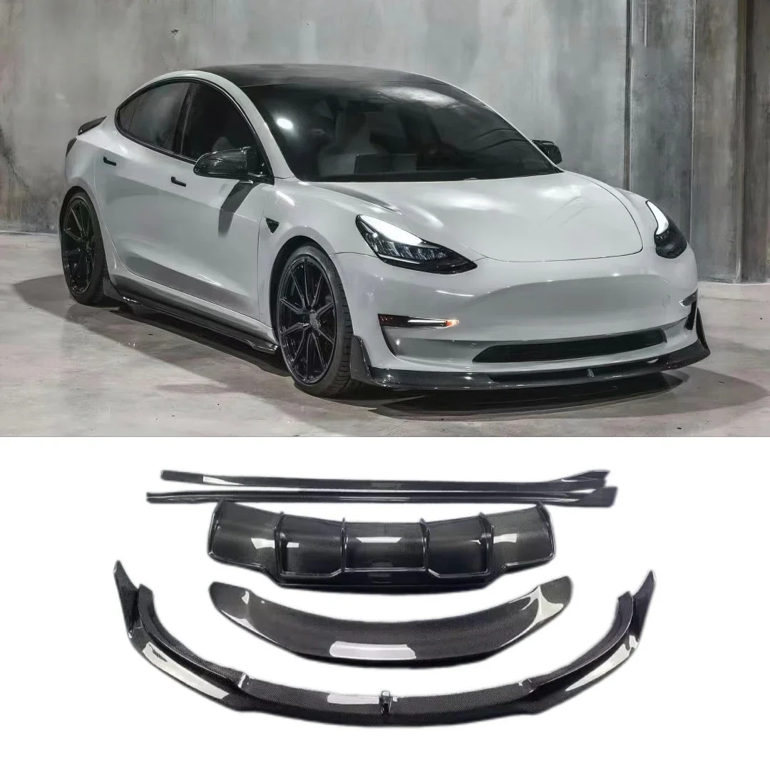 

High Quality Tesla model 3 Carbon Fiber V style Front lip side skirt Rear Bumper Diffuser Body kits 2019-2022