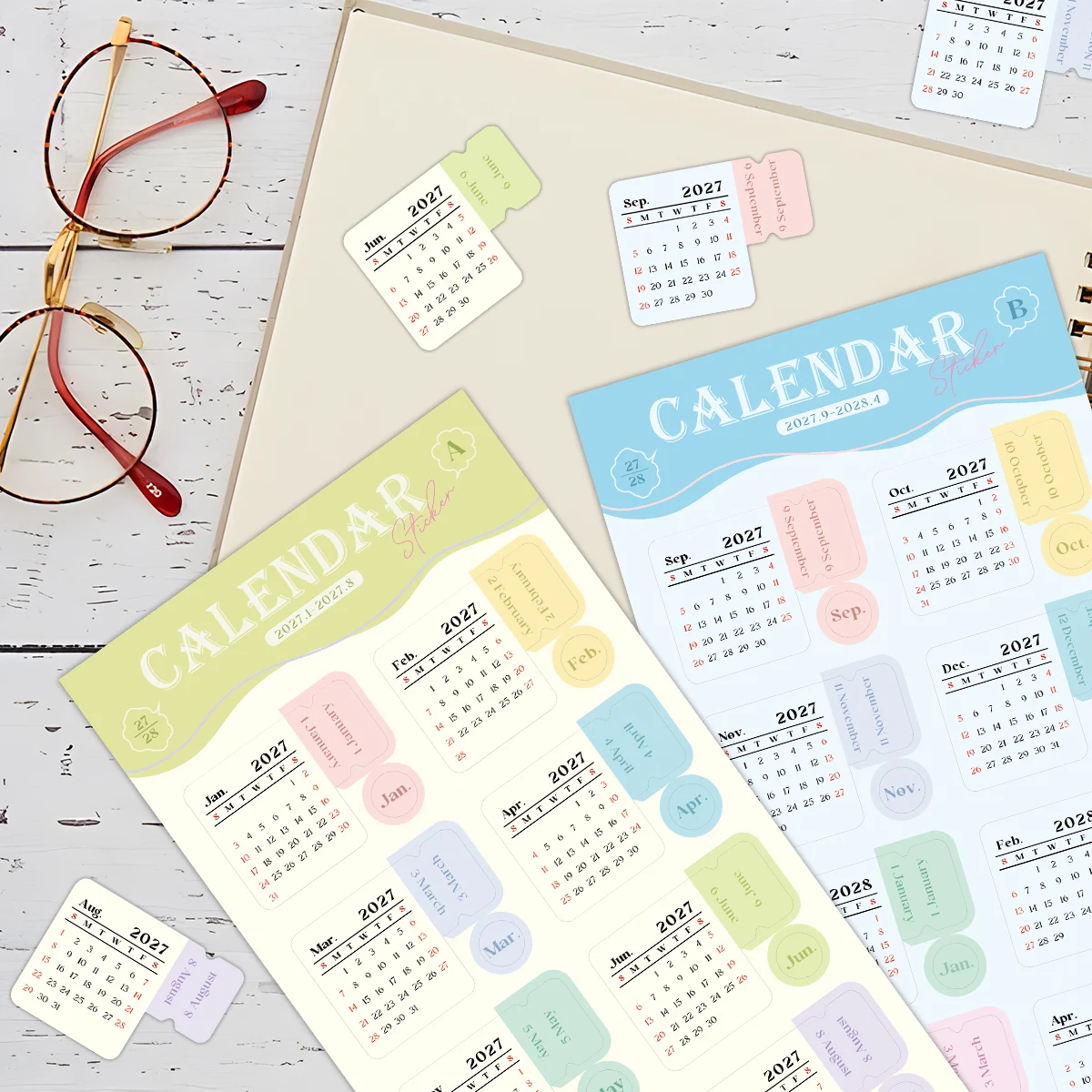 2sheets 2027 Calendar Stickers,Monthly Planner Decals,Self-Adhesive Date Label,For Notebook,Scrapbooking,Organization Stationery