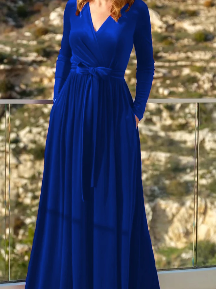 Nuevo vestido Sexy de fiesta de manga larga con cuello en V, vestido largo elegante plisado con cordones para oficina, vestido de mujer de cintura alta de terciopelo para primavera y otoño