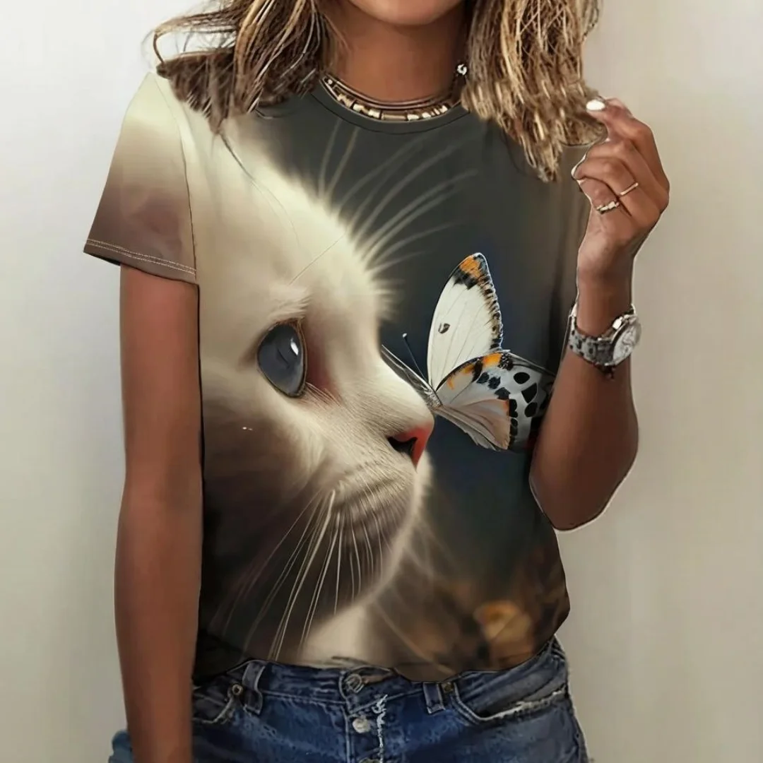 

Animal Women T-Shirt Summer Short Sleeve Outdoor Fashion Round Neck Top Cartoon 3D Cat Printing OverSize Ladies Clothing