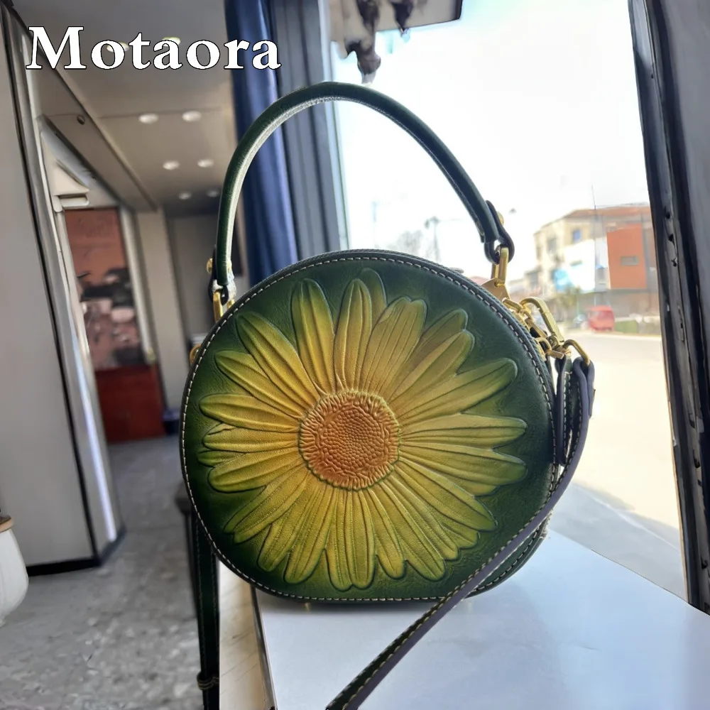 

MOTAORA Round Shape Women's Crossbody Bag, Floral Pattern Cowhide Leather Handmade Purse with Adjustable Strap Shoulder Bag