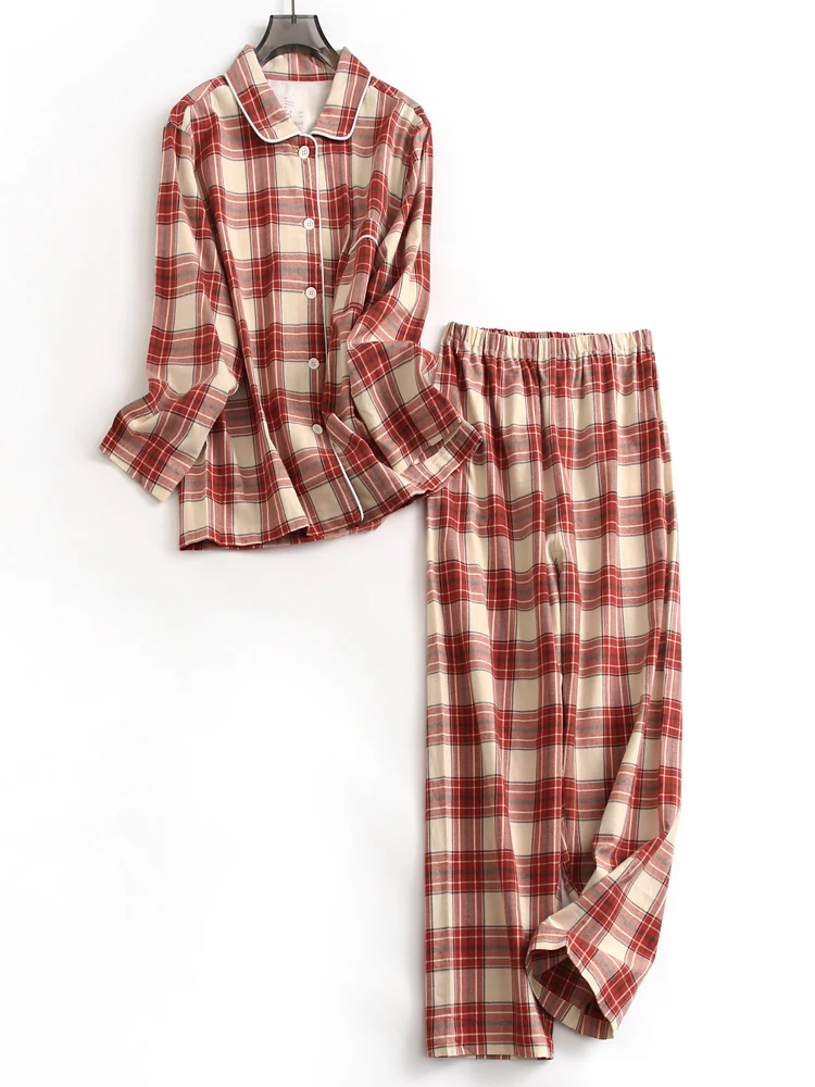 

Pure Cotton Flannel Couple Style Long Sleeve Button up Home Clothes Sleepwear Two Piece Set Comfortable Soft Plaid Pattern