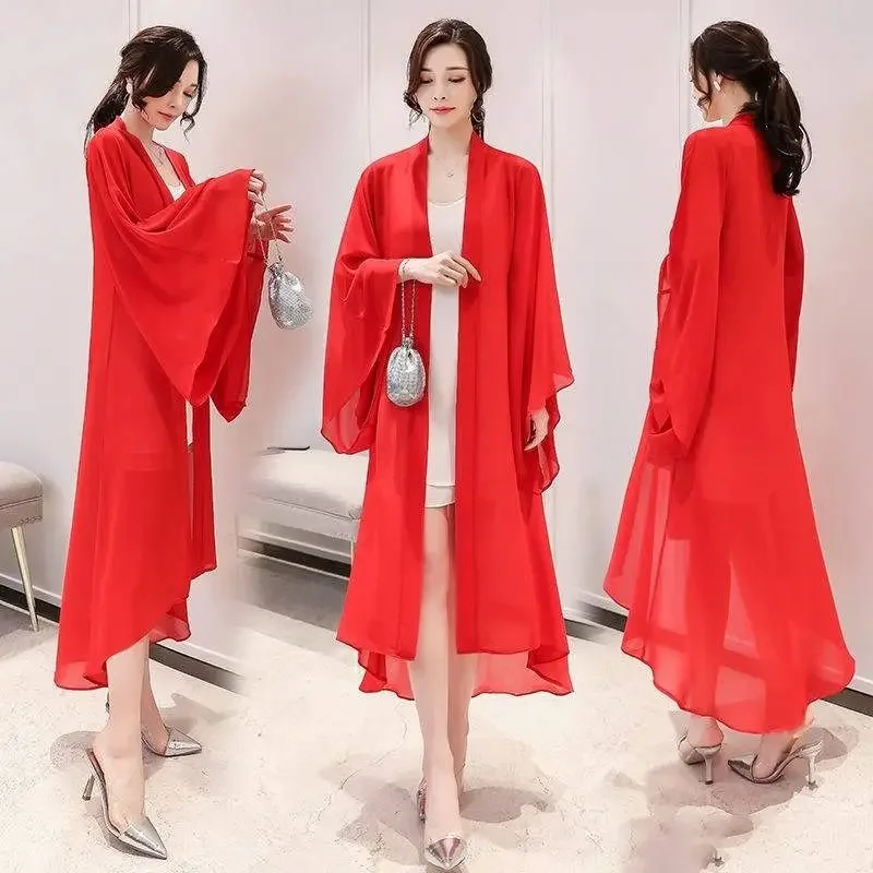 2026 Women Summer Long Sleeve Cardigan Beach Long Shawl Korean Fashion Black Chiffon Jacket Long Cardigan Oversized Coat