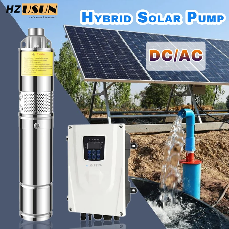 HZUSUN AC/DC Hybrid Solar Screw Submersible Pumps Helical Rotor 1200W High Pressure Max Head 180M Solar Bore Deep Well Pump Kits