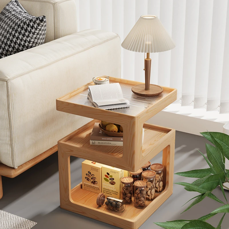 Solid wood simple modern living room small coffee table creative bedroom bedside table with lights.