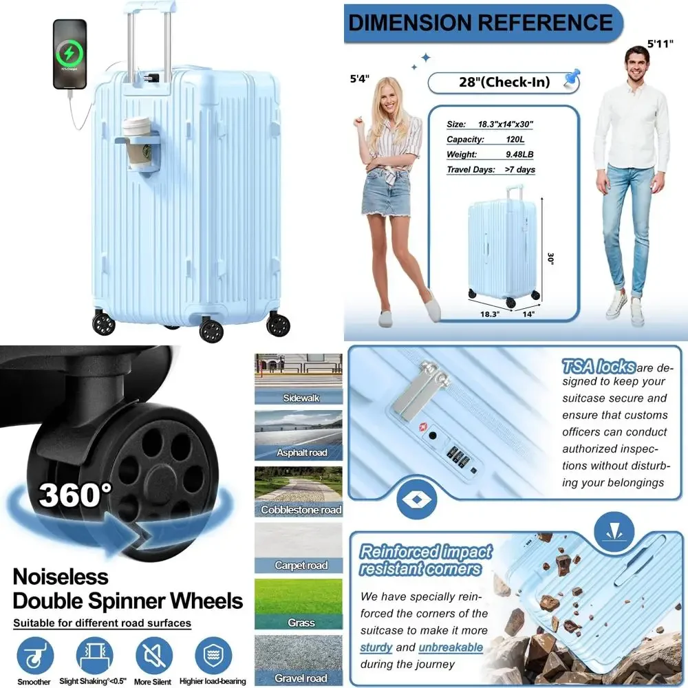 

Spinner Double Wheel Suitcases with USB Port, Cup Holder, TSA Lock, PC+ABS Hardside Luggage for Travel, 28 Inch