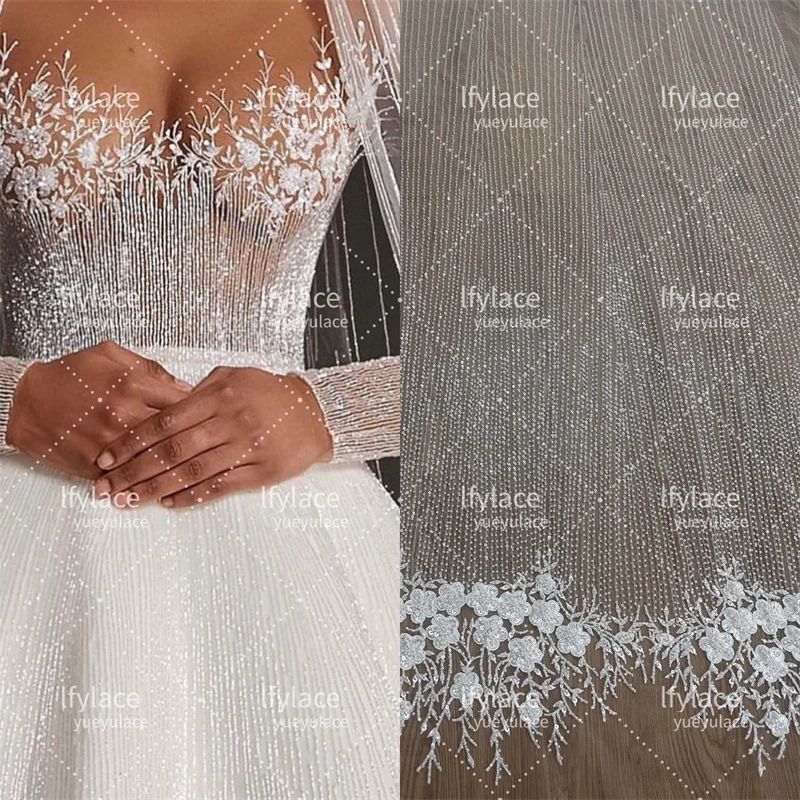 Latest Floral Strip Unique Rich Beaded Embroidery Wedding Dress Lace Fabric DIY Bridal Wear Tulle Mesh Fabric  Cloth Material