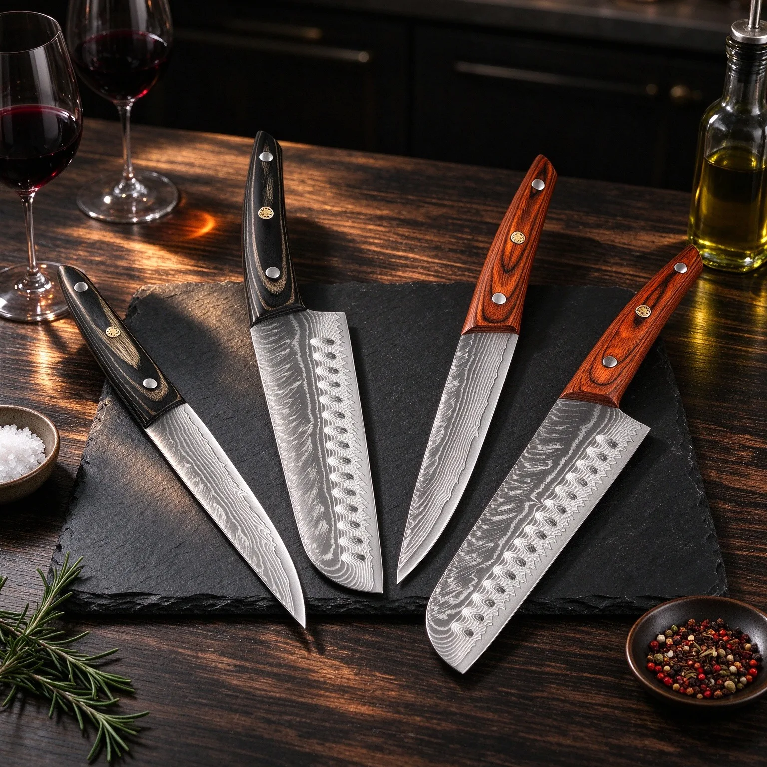 Damascus steel kitchen knives, professional laser-engraved chef knives, high-end Japanese knives, wooden-handled fruit knives