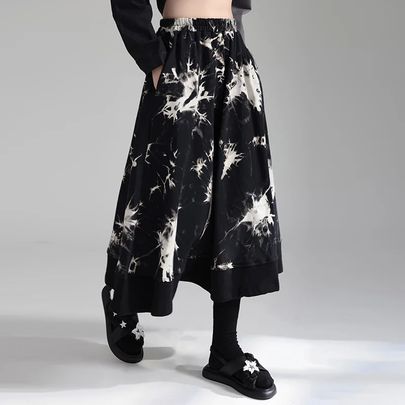 A-Lijn Mode Halve Rok Voor Dames 2024 Lente Nieuw Product Retro Tie Geverfd Print Japanse Elastische Taille Gepersonaliseerde Lange Jurk