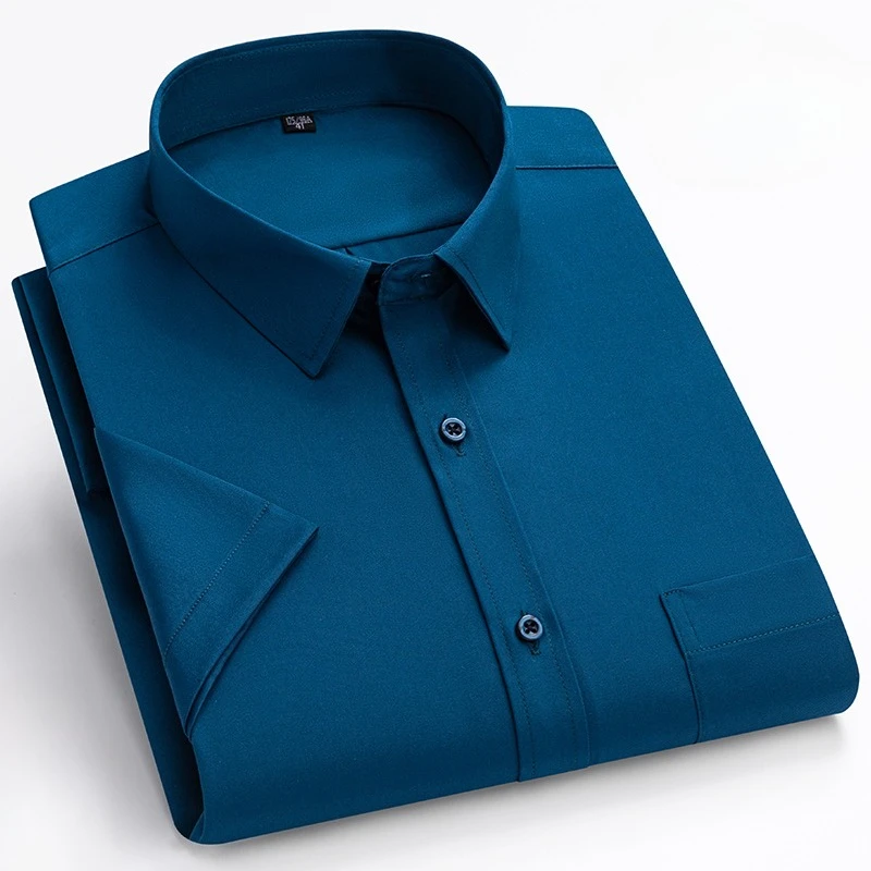 plus size summer elastic thin short sleeve shirts for man slim fit formal plain shirt soft office white tops business clothes