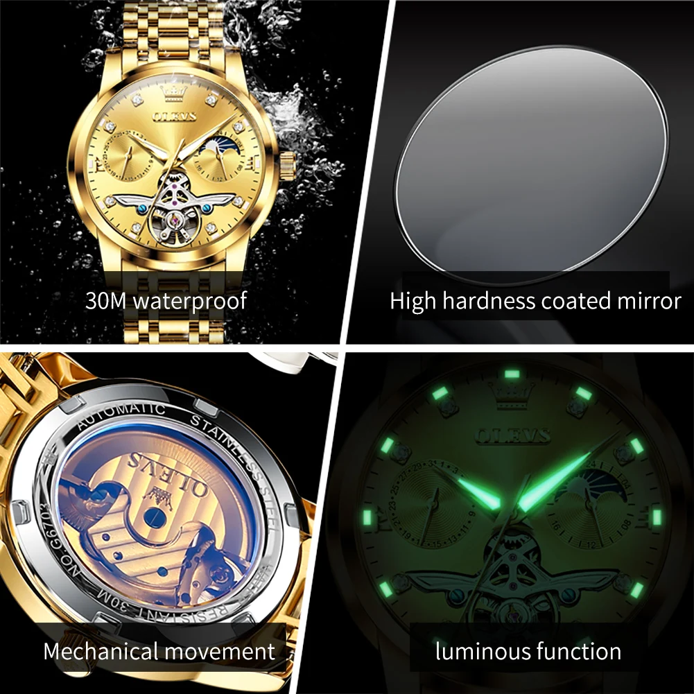 OLEVS Brand Luxury Gold Mechanical Watch Men Stainless Steel Waterproof Moon Phase Fashion Tourbillon Watches Relogio Masculino