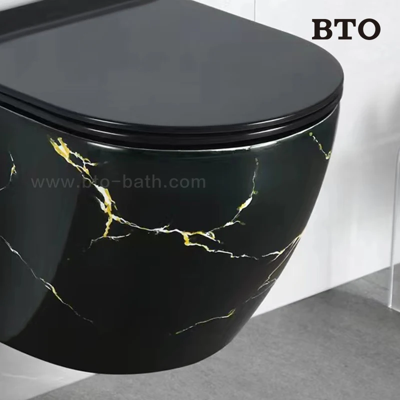 Toilet,BTO Cheap Supply Special Design Ceramic Black Toilet With Hand-made Pattern Rimless Wall Mounted Wc Toilets Bowl