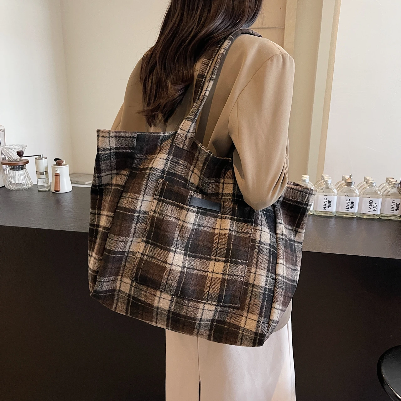 Plaid Canvas Casual Totes Women England Style Strips Shoulder Bags Large Capacity Cloth Shopper Bags Korea Style Cotton Packages