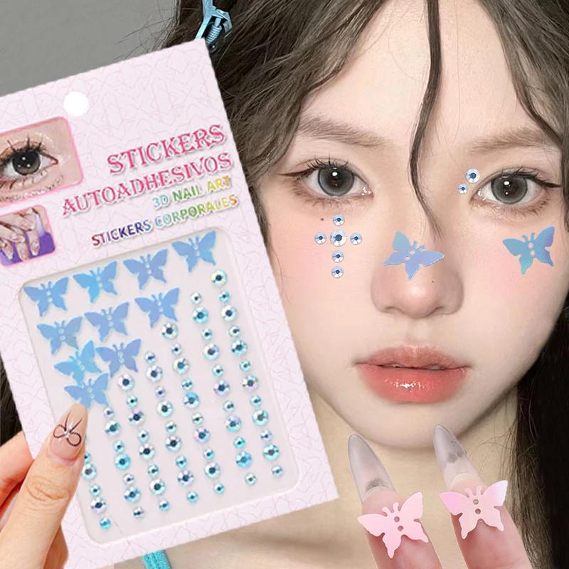 

1/5pcs Blue Pink Purple Crystal Tattoo Stickers 3D Glitter Rhinestone Face Eye Makeup Sweet Butterfly Temporary Tattoo Body Arts