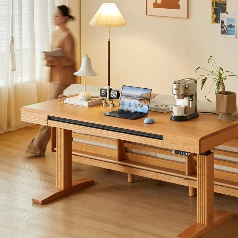 

Solid wood electric lifting desk computer desk cherry wood workbench study table Nordic