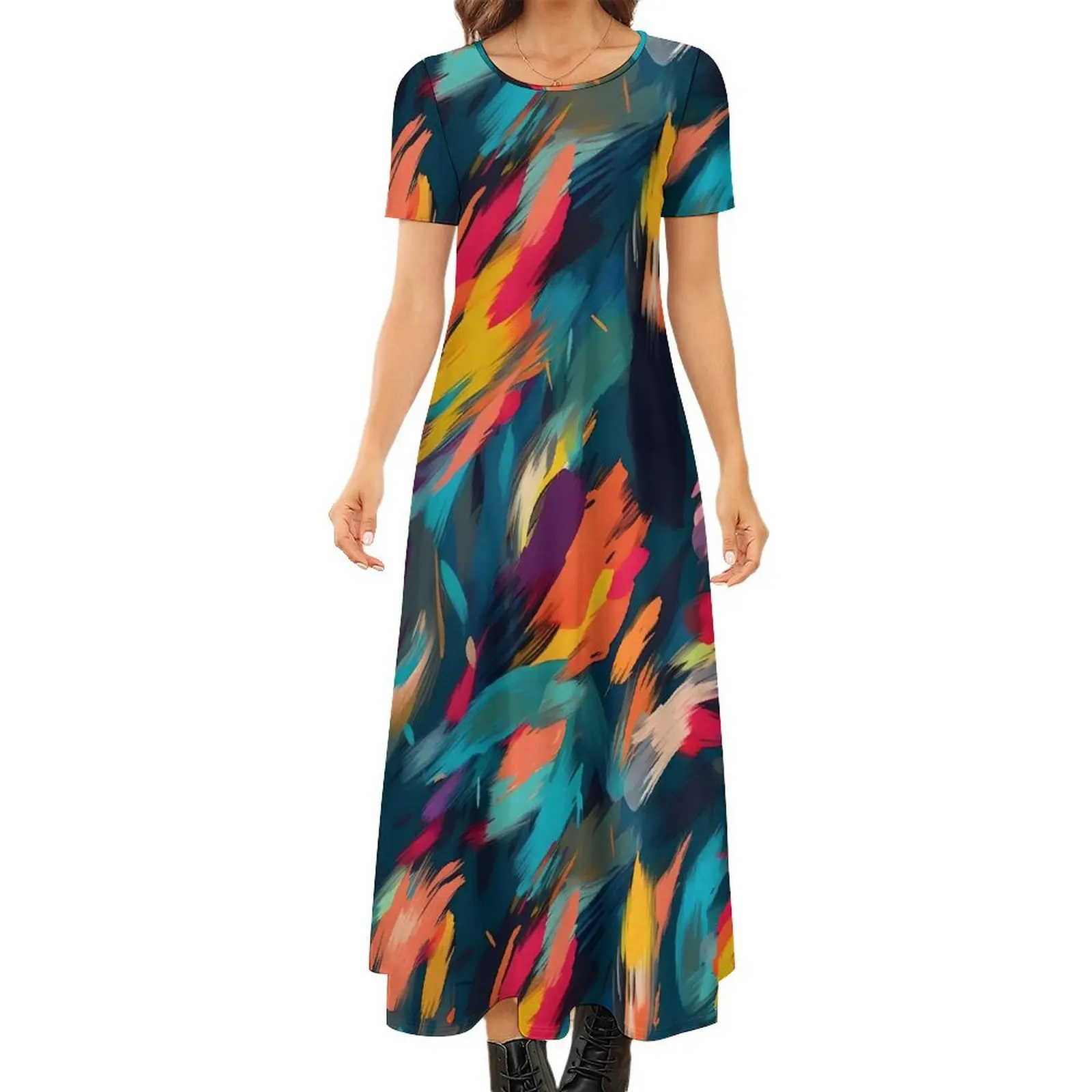 

Colorful Brush Print Dress Abstract Art Elegant Maxi Dress Short Sleeve Streetwear Bohemia Long Dresses Female Big Size Vestido