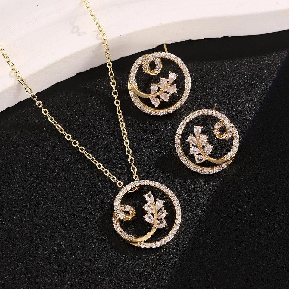 ZAKOL Zirconia Flower Leaf Pendant Necklace Earrings Set