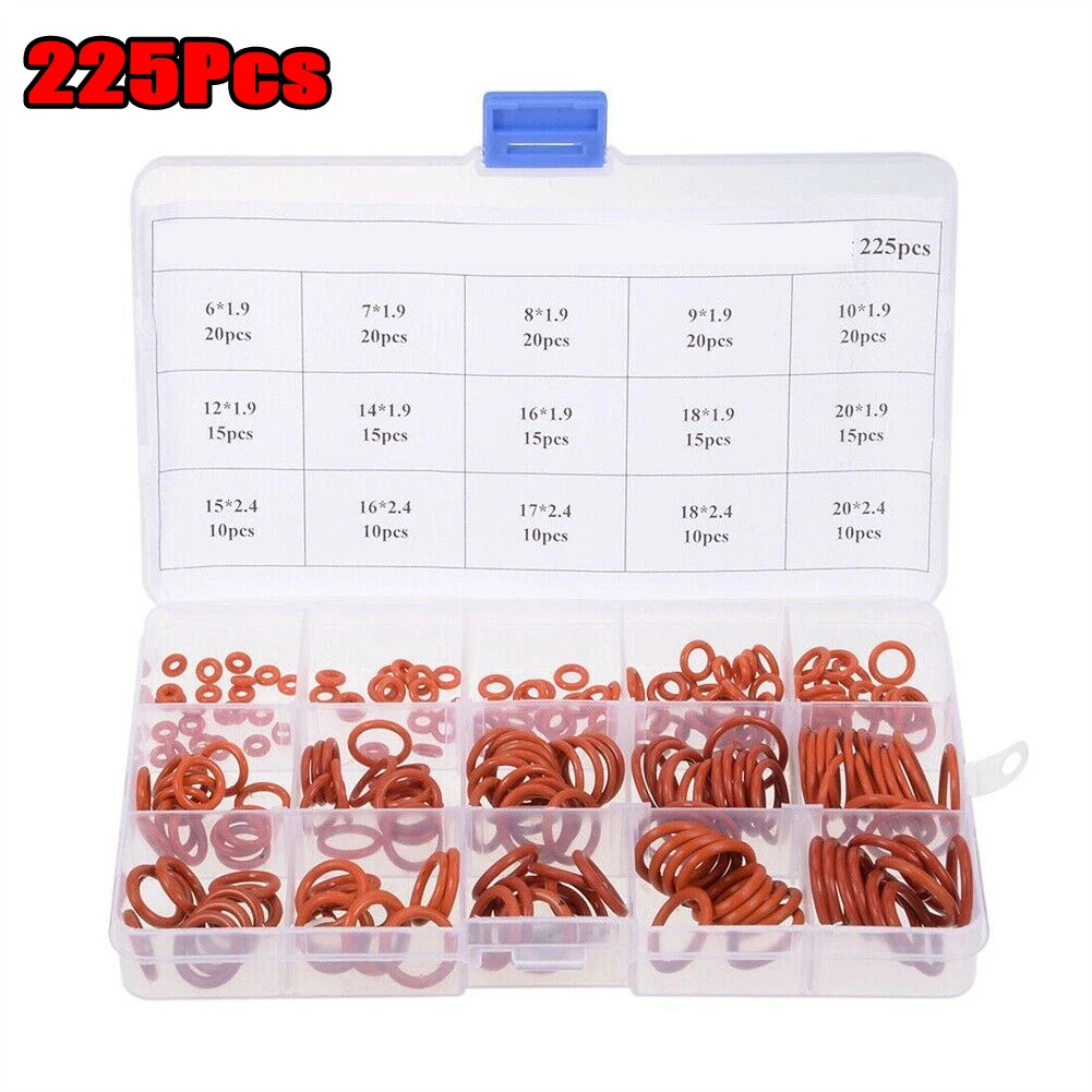 225 Pcs Silicone Rubber O-Ring Assortment Kit Metric-VMQ Sealing Gasket Set Red