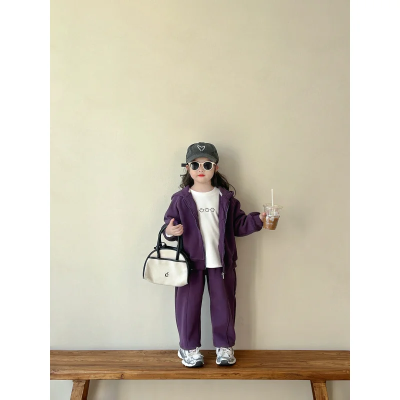 Girls Fleece-Lined Suit2024Autumn and Winter New Children2-7Two-Piece Casual Sports Jacket-Year-Old Trousers