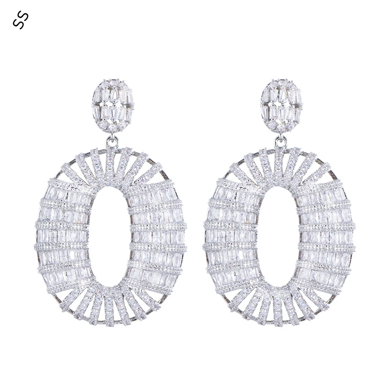 

French Heavy Handmade Hollow Oval Geometric Zircon Silver Earrings Fashion Atmosphere Long Banquet Ear-pin Dress Accessories