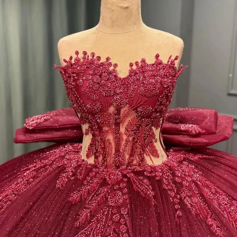 Shiny Burgundy Quinceanera Dress off-shoulder Glitter Decal lace RuffleLong tail Bow vestidos de 15 Quinceanera ﻿Customize