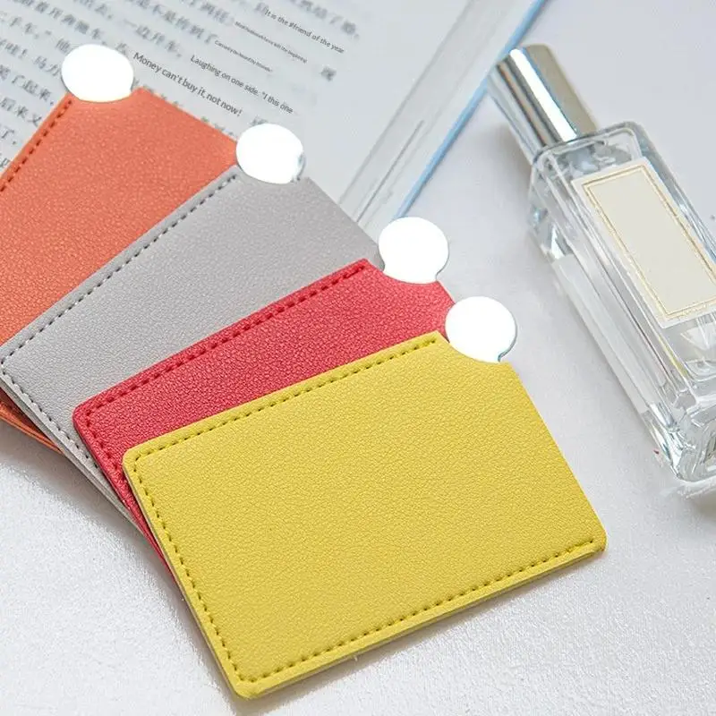 ۞ 1pc Portable Mini Unbreakable Makeup Mirror Shatter Proof Card Style Pocket Cosmetic Mirror Pu Leather Stainless Steel Card