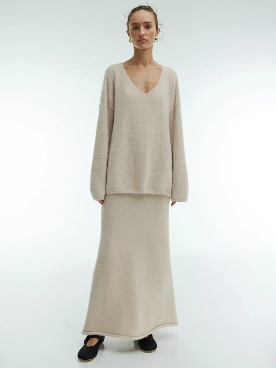 

Blubelle женский осенне-зимний вязаный комплект из 2 предметов с v-образным вырезом, толстый теплый свитер и юбка, повседневный модный пуловер