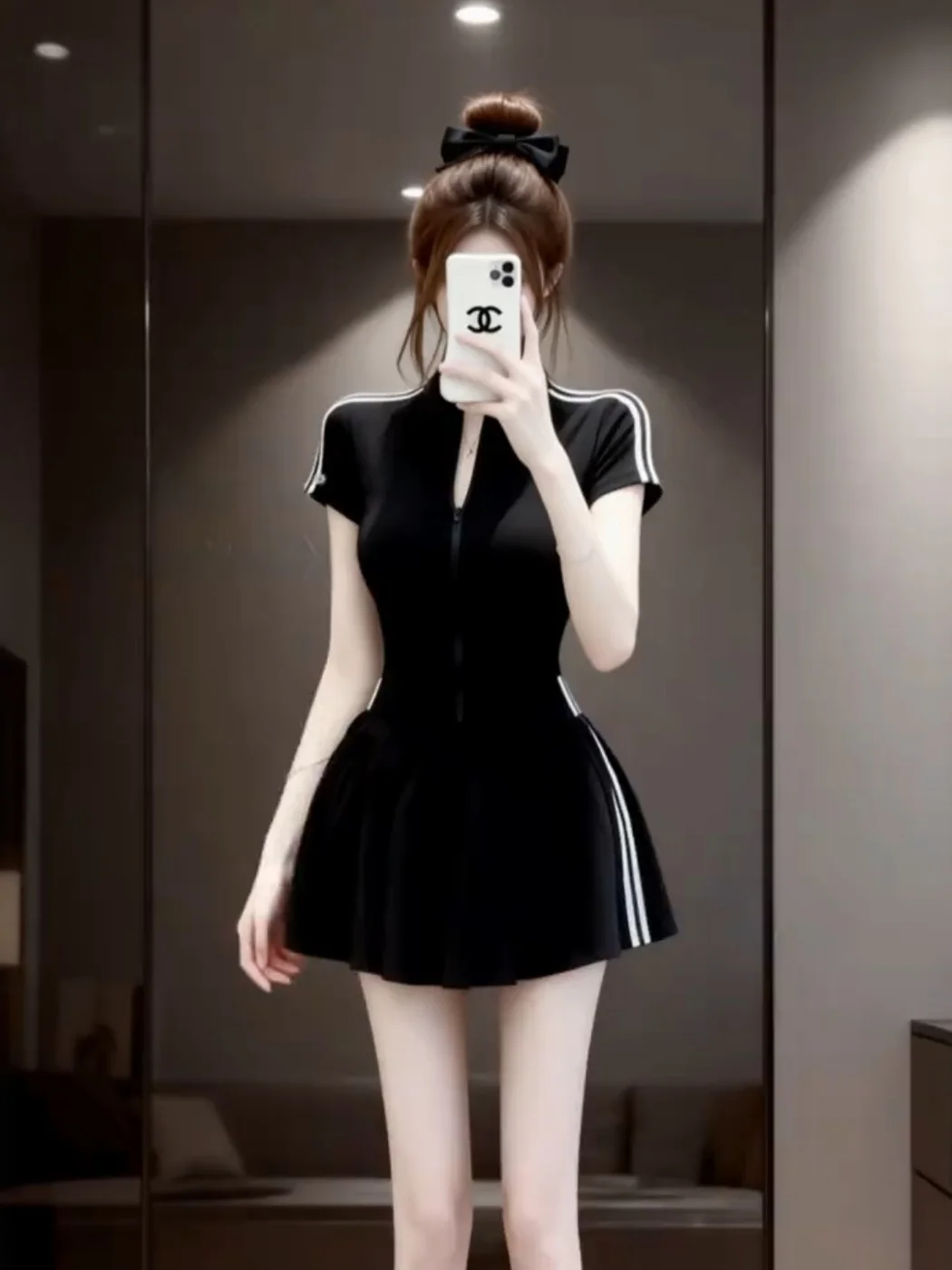 

Summer Fashion Set High Waist A-Line Skirt Zipper Short Sleeve Top And Skirt Two-Piece Women's Sporty Sweet And Spicy Style