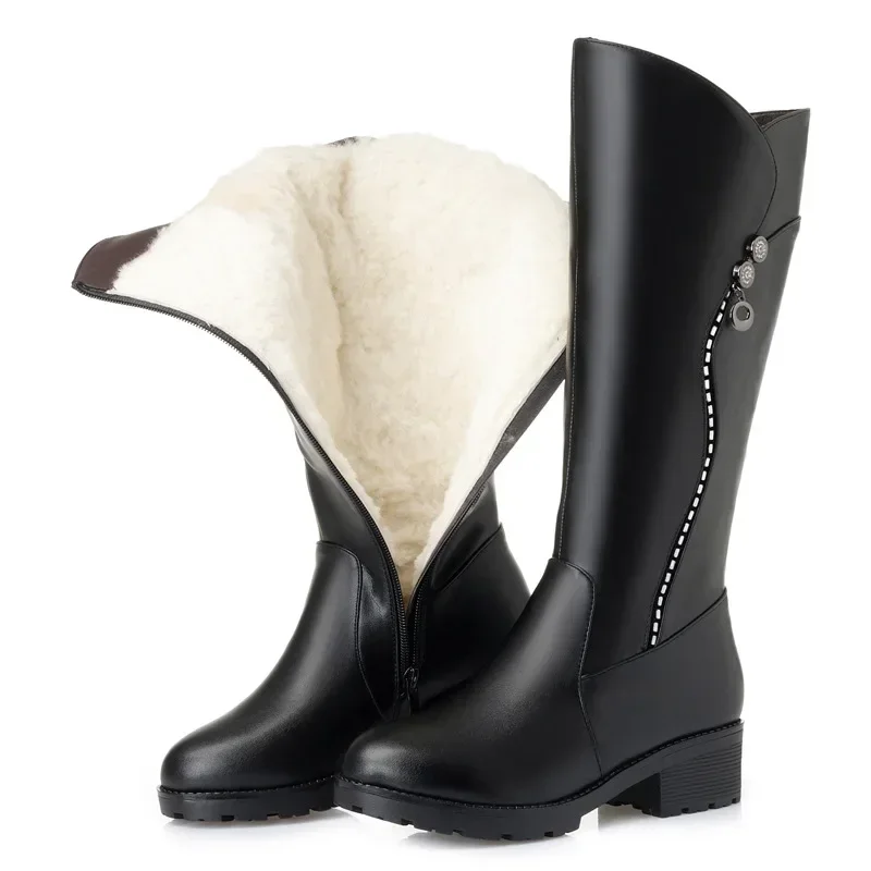 

Women's Genuine Leather Female Ladies Boots Platform Snow Wool Plush Fur Warm Winter Mid Heel Zipper Plus Size 42 43