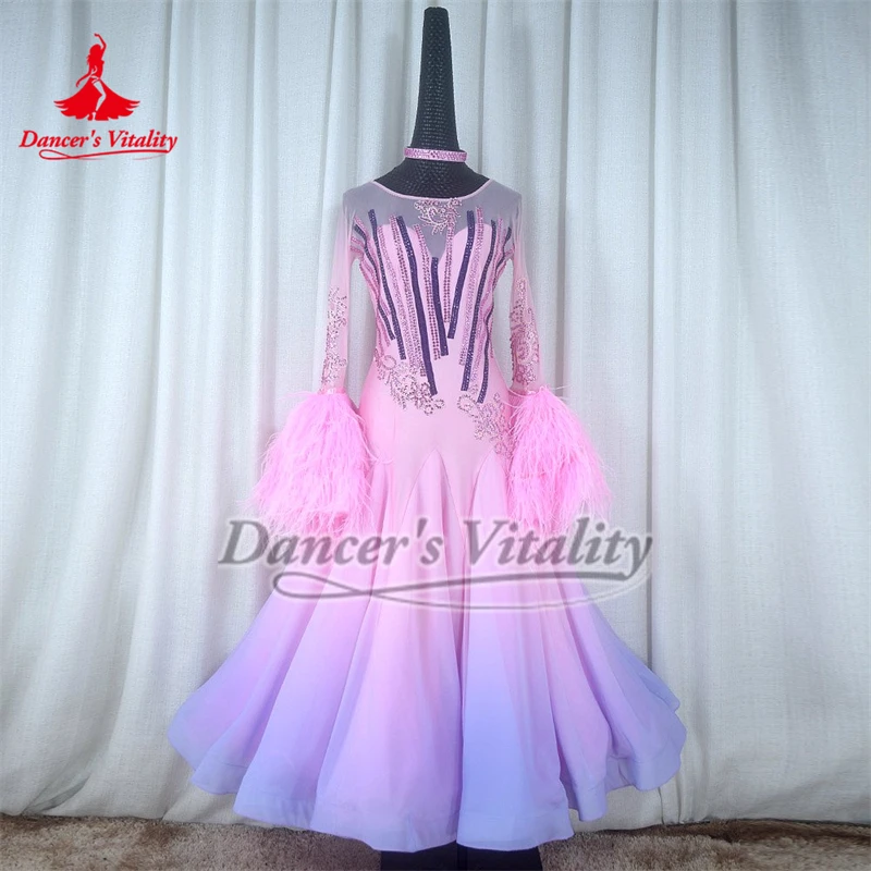 Adult Pink-purple Gradient Color Social Dance Ostrich Feather Long Flared Sleeves Big Swing Dress for Female High-end Customized