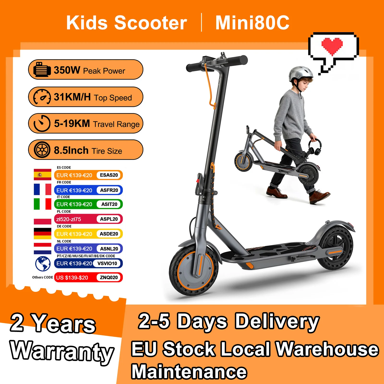 Trottinette électrique AOVOPRO Mini80C pour enfants, 350W, 8,5 pouces, vitesse maximale de 31 km/h, 5-19 km d'autonomie, application intelligente, Escooter