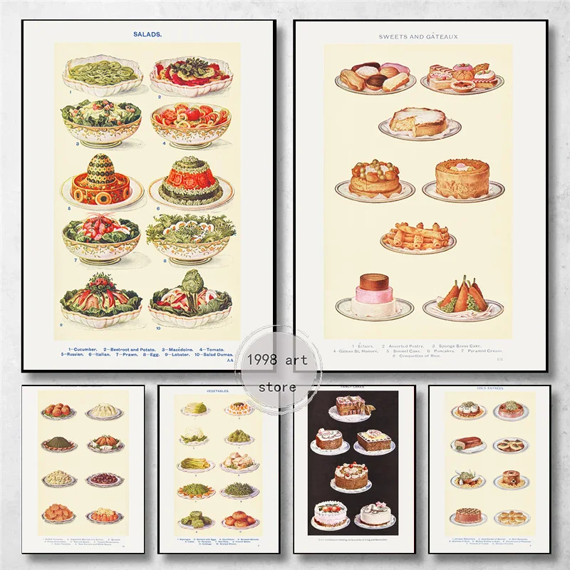 Vintage Food Kitchen Retro Vegetables Salads Cake  Art Poster Canvas Painting Wall Prints Picture for Living Room Home Decor