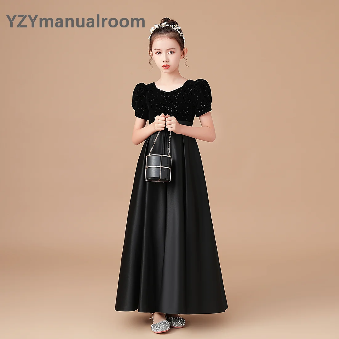 YZYmanual-vestido de princesa plissado de veludo para meninas, vestido de cetim, concurso, florzinha longo, preto, high-end, júnior, elegante