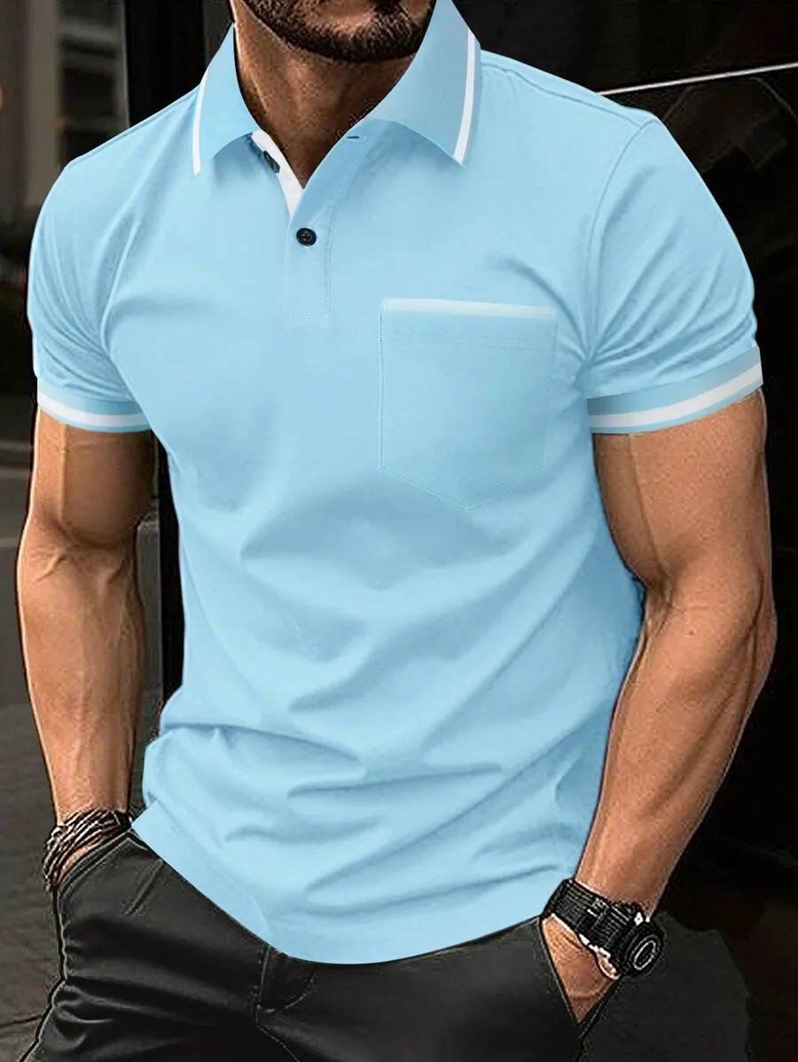 

Men's Light Blue Contrast Trim Short Sleeve Polo Shirt, Casual Summer Wear