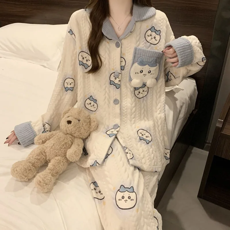 New Chiikawas Usagi Pajamas for Women Autumn and Winter Air Laminated Long-sleeved Trousers Cute Cartoon Home Clothes Set